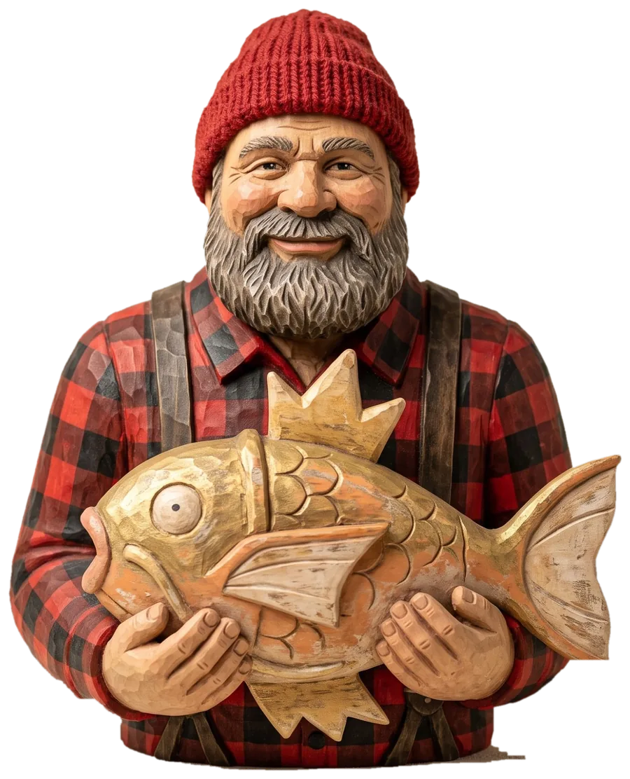 Bûcheron sculpté en bois, tuque rouge, chemise à carreaux rouge et noir, qui tient un Magicarpe sculpté dans ses bras